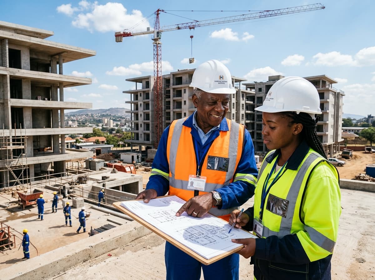 Apex Developments leadership reviewing architectural masterplans on active construction site
